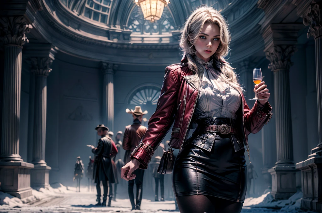 masterpiece,best quality, masterpiece, high detail,detailed face,detailed eyes,rendered eyes,perfect eyes,hip lines,crisp image,detailed,amazing,8k,8k wallpaper,8k background,high detailed skin,high res, (((cowboy shot))), solo, 1girl,looking at viewer,WillowSchnee, . Her attire consists of a white cravat secured by a silver brooch set with a red stone, as well as a light purple jacket with light sleeves, a wide belt around her waist, a matching pencil skirt with black tights and slippers. serious expression, outside stately mansion, snow, ice sculpture at center of hedge maze, holding wine glass, night, stars, seervants and security detail standing by, (volumetric lighting), sharp focus, hyper detailed
