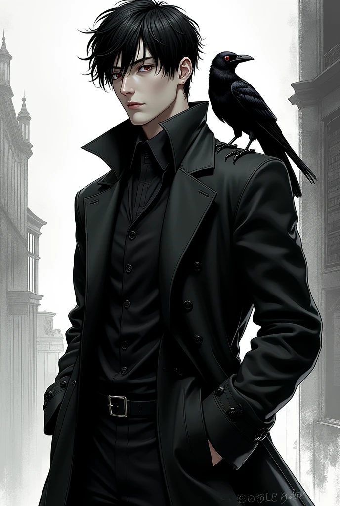 (Photorealism:9.16), male,20 years old,Tall,White,Black and white comic book style,Elegant and handsome black hair and black eyes,Wear a black trench coat,Hands in pockets,There is a one-eyed crow on my shoulder
