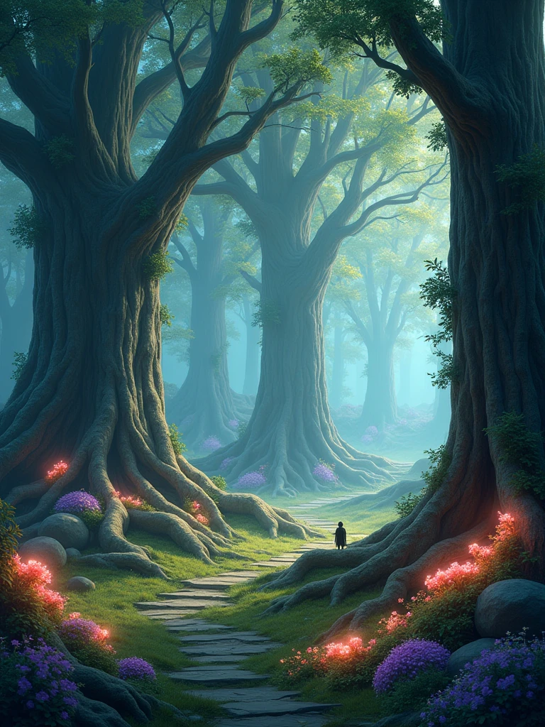 Uma floresta encantada, where huge trees stand majestically, its crowns so high that they seem to touch the sky. The roots of these trees are gigantic and snake through the ground., forming natural paths that invite exploration. Between the roots, there is soft moss and colorful flowers that glow as if they were hand painted. The air is fresh and permeated by the soft singing of birds and the rustling of leaves in the wind.. Looking around, you notice small magical beings lurking between the trees, like fairies and elves, bringing a touch of mystery to the environment.