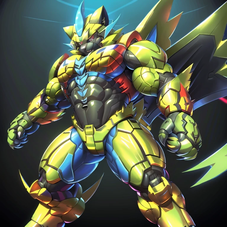 (ZERAORA, 8K), (Zeraora's giant robot, Powered exoskeleton with the same design as Zeraora), (Masterpiece, highres) (Detailed head, Detailed Body, Detailed abs, full body) (gigantic muscles, Gigachad Muscular, big muscle, pecs, triceps, traps, unusually developed muscular body, body full of huge muscles. showing off muscles, pectorales enormes, Exaggeratedly huge muscles.) (nj5furry, The claws are sharp, Sharp teeth, sharp claws), (long legs), (Spread wings, It has wings, have big wings, golden wings), (Wrestling, wrestler, the bodybuilding), (It has wings, whole body shines like metal, Wearing cyberpunk mecha, emphasizes the muscles, suit fully made of metal, intricate armor, Robotic suit, suit fully made of metal, cyborg), (black color hyper penis, hyper black penis),