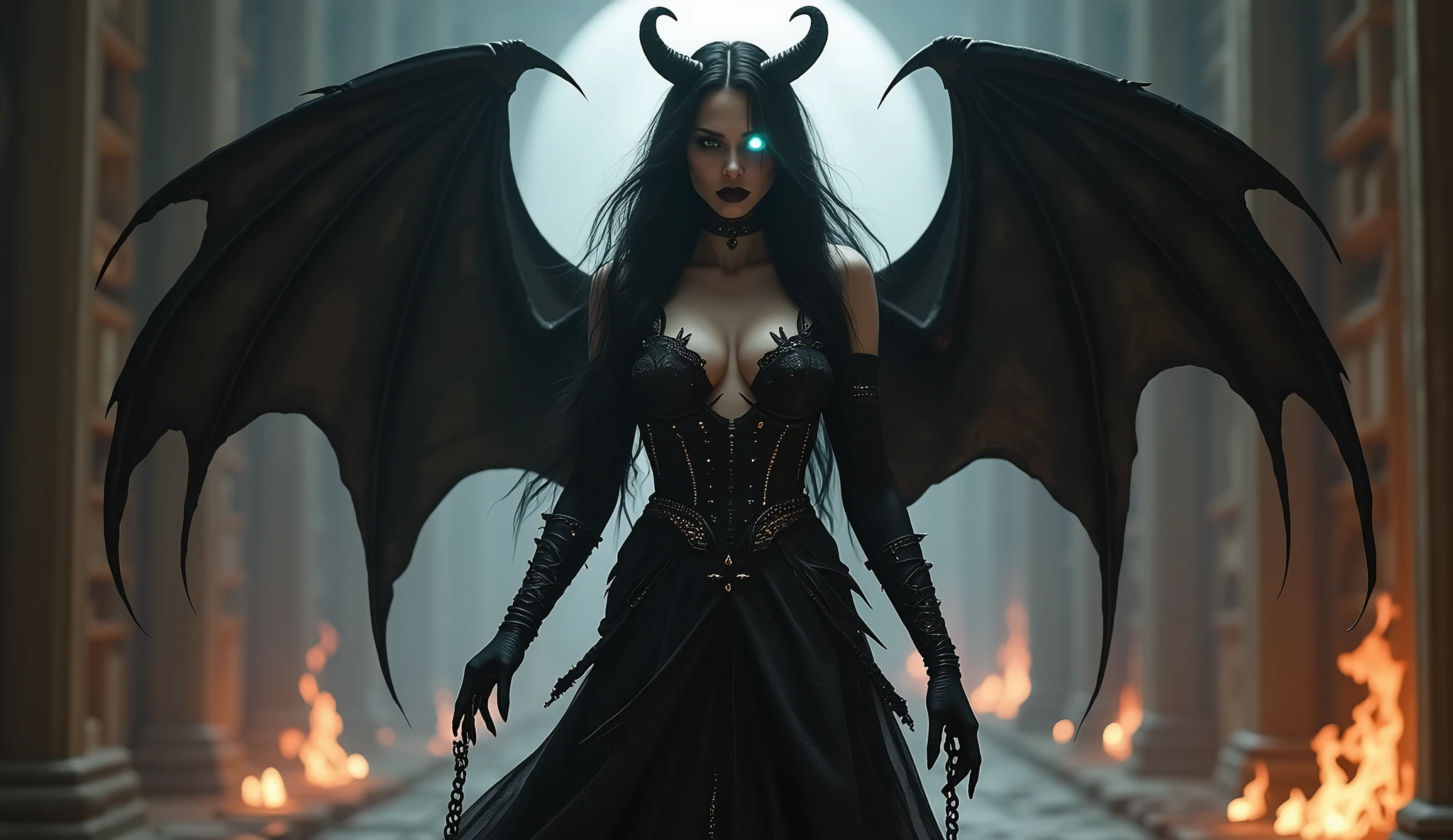 In a dimly lit, ancient temple with gothic architecture, a sexy demoness stands confidently. She has long, flowing dark hair and wears a high-exposure black gown adorned with spikes and chains. Her eyes glow with a mysterious light, and she has dark wings partially spread behind her. The background features flickering flames and shadowy figures, creating an atmosphere of mystery and danger. Her pose is powerful, with one hand reaching out as if casting a spell. Aim for realistic depiction, make sure photos are at highest resolution (8K)