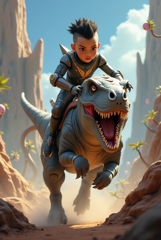 Boy with 7 xon armor tek haircut riding a wild rex in a hostile animated world