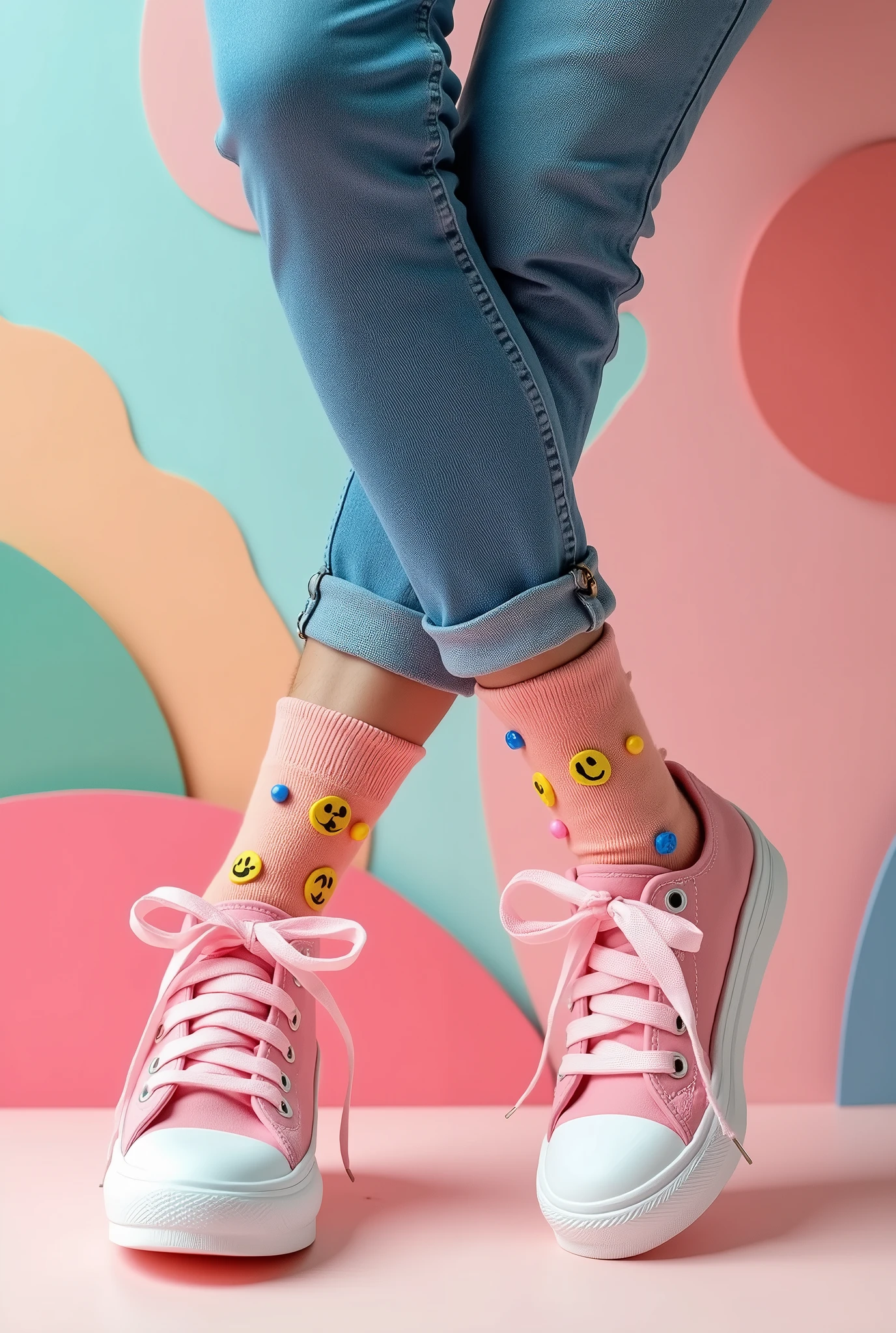 Create an image of two legs crossed at the ankles. The left leg is wearing a pair of blue jeans that end above the ankle., and the right leg is adorned with a peach colored sock with colorful beads and smiley faces around it. Both feet are wearing pink sneakers with white soles, and the laces are tied in a bow. The background consists of abstract shapes in pastel colors..
