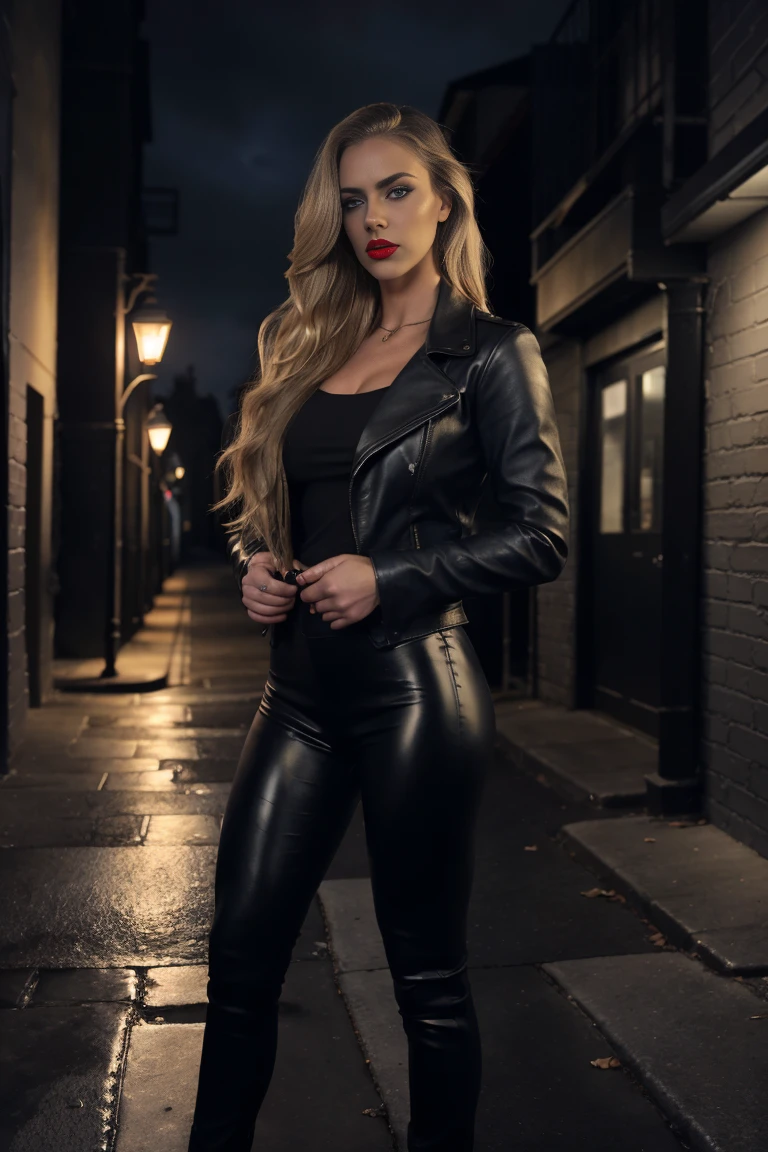 full body shot in photorealistic style, girl, sexy beautiful perfect shape, long blond hair, blue eyes, red lips, black leather pants and black leather jacket, standing in dark night gloomy alley, face lit by street lamp, background dark twilight, gloomy scary mood, perfect makeup,