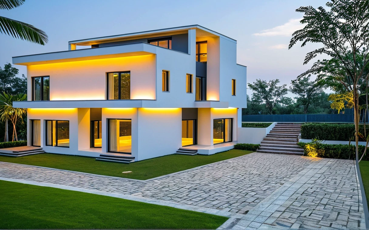 Masterpiece, high-end, best quality, authentic, super detailed, outdoor, aiaigroup, neoclassical villa style, stairs, white walls combined with conwood,