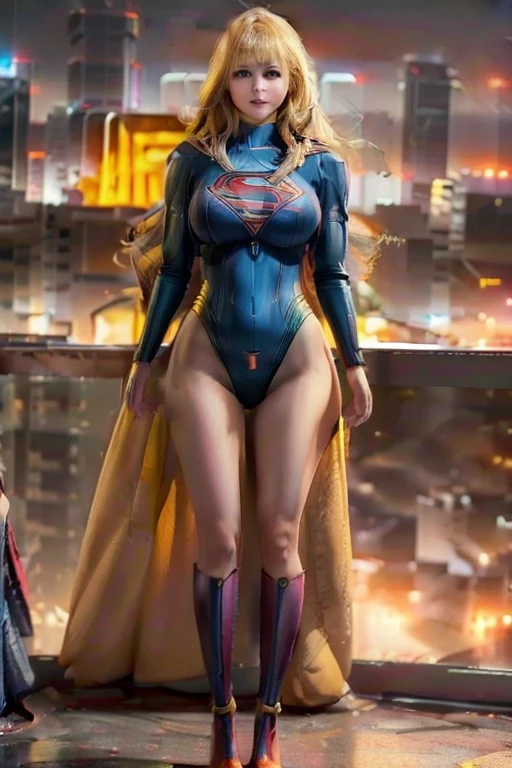 Supergirl 2, (((1girl))) ((( Taylor Swift:Emma Stone:0.7))) Beautiful woman (((long wavy blonde hair))) ((bangs:1.2)) ((yellow cyberpunk style futuristic armor with matching heels)) defined body, Red lipstick, smiling, hands free, standing, high tech cyberpunk city rooftop, night, (huge_breasts:1.4) (curvy:1.3)(chubby:1.1)