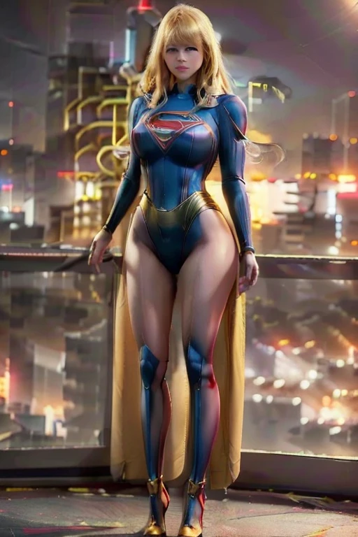 Supergirl 2, (((1girl))) ((( Taylor Swift:Emma Stone:0.7))) Beautiful woman (((long wavy blonde hair))) ((bangs:1.2)) ((yellow cyberpunk style futuristic armor with matching heels)) defined body, Red lipstick, smiling, hands free, standing, high tech cyberpunk city rooftop, night, (huge_breasts:1.4) (curvy:1.3)(chubby:1.1)