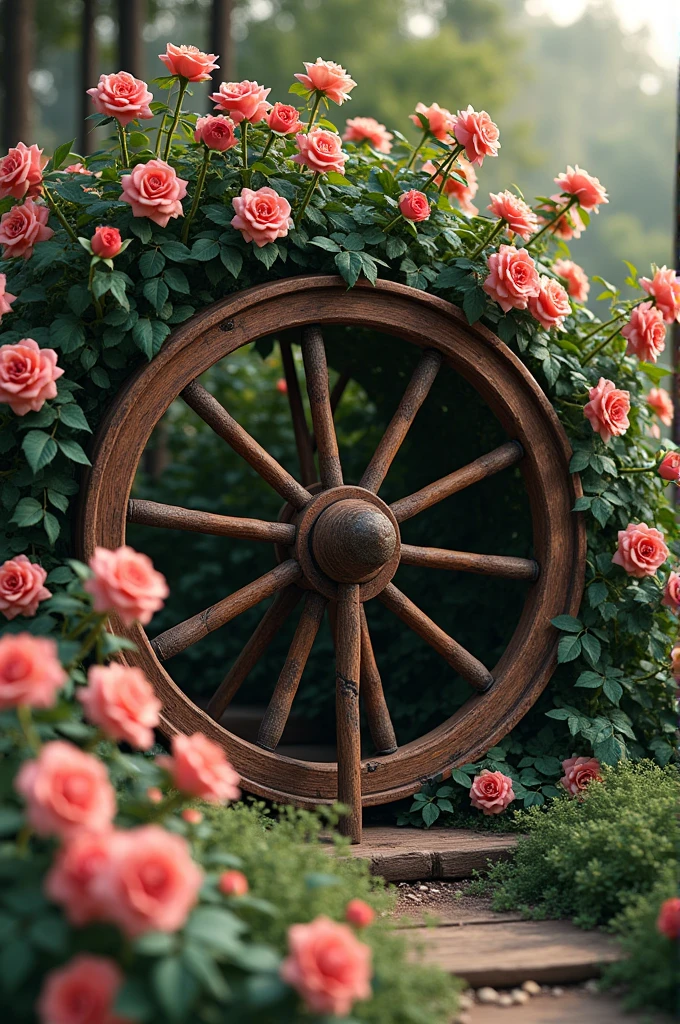 Loom wheel surrounded by a Sleeping Beauty rose bush