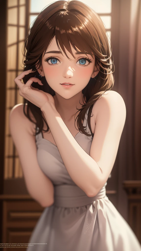 a beautiful young girl, short flowing brown hair, piercing green eyes, delicate features, happy smile, white dress inspired by Evangelion, (best quality,4k,8k,highres,masterpiece:1.2),ultra-detailed,(realistic,photorealistic,photo-realistic:1.37),intricate details, Evangelion-style dress, elegant pose, natural lighting, warm color tones, soft focus, beautiful detailed eyes, beautiful detailed lips, extremely detailed eyes and face, long eyelashes, porcelain skin, serene expression, angelic, ethereal, fantasy