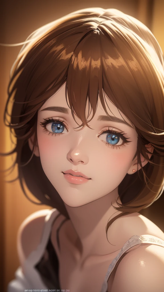 a beautiful young girl, short flowing brown hair, piercing green eyes, delicate features, happy smile, white dress inspired by Evangelion, (best quality,4k,8k,highres,masterpiece:1.2),ultra-detailed,(realistic,photorealistic,photo-realistic:1.37),intricate details, Evangelion-style dress, elegant pose, natural lighting, warm color tones, soft focus, beautiful detailed eyes, beautiful detailed lips, extremely detailed eyes and face, long eyelashes, porcelain skin, serene expression, angelic, ethereal, fantasy