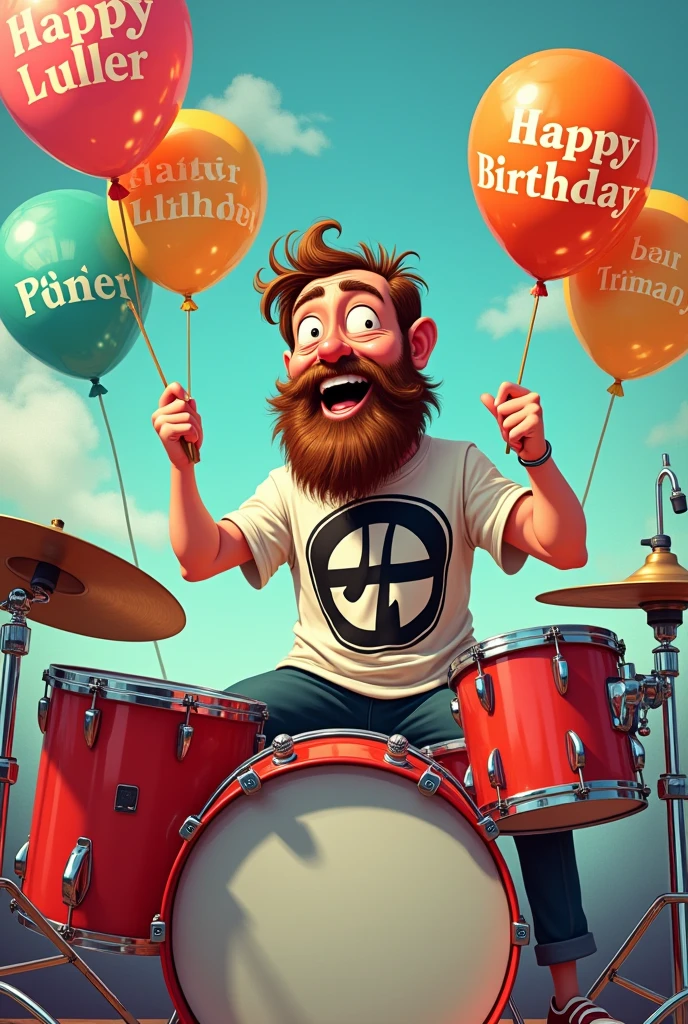 Cartoon of a 50-year-old brown-haired man playing drums, with a thick beard and short hair , behind some balloons that say happy birthday fla, with the clash t-shirt, short y tennis vans