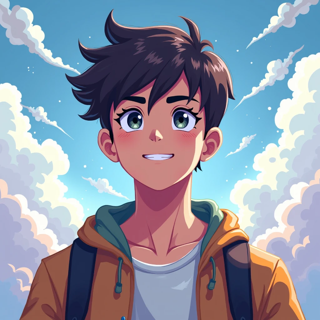 create a custom avatar that repressents a teen boy ready to conquer with a sky background. It should be a pixel image i need a pixel art image of face only
