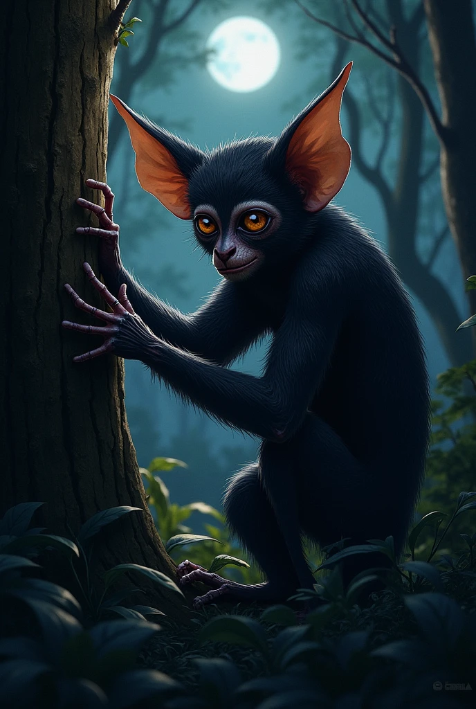Picture of an Aye-Aye with a long middle finger, digging wood in the forest at night.