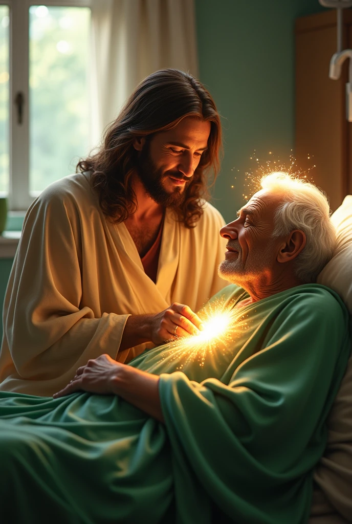 (photorealism:1.2), Handsome Jesus Christ, sitting on bed together with a sickness old man holding his hand, the face of sickness old man is visible, the light of his head and heart is sparkling all over, wearing the green color of beautiful king clothes, the light in his head and heart is sparkling, nice hair, indoors, soft lighting, hospital of bed ridden in the background, window with sunlight, cozy room, relaxed pose, realistic, intricate details, warm colors,