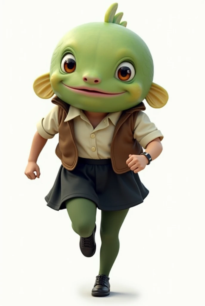 ((Highest quality)), ((photorealistic, hyperrealistic photo, portrait)), (front), (smile), (The upper half of the pufferfish is green.), (Short sleeves), (No hair), (The Kusafugu has 30% of the facial features of a human female.), A pufferfish with a very realistic head, A woman with a human body, オフホワイトで襟付きのShort sleevesシャツに薄茶色のベストを着てひざ丈の黒いスカートに濃い緑の靴下と黒の靴を履いてる, Running at full speed, Background is white, Photorealistic images,
