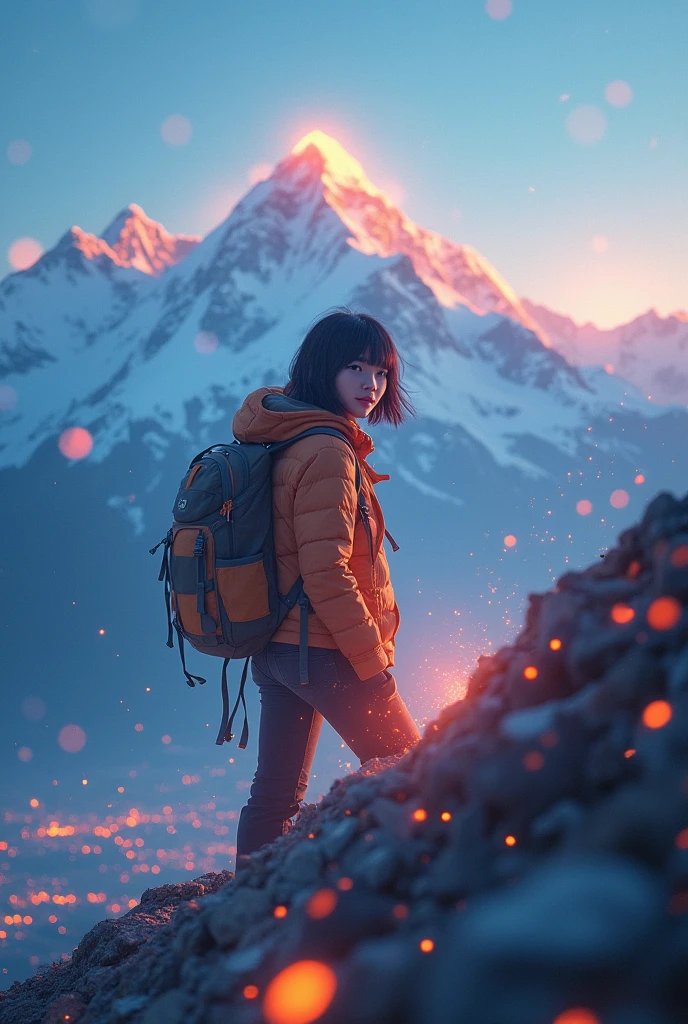 Beautiful Korean girl surrounded glowing lightand hiking in the mount everest, digital and particle elements in the background, cool style, futuristic atmosphere, warm tones, on the city lights, Short hair with bangs hanging down, high resolution photography, rasio landscape parameterar 16: 9, shot in camera canon