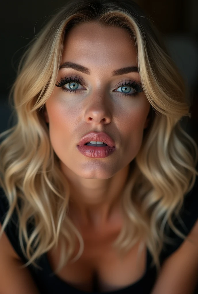 ultra realistic, photography, long blonde hair, (wavy elegant hair, blue eyes, perfect round lips, 30 years old, gorgeous face, voluptuous figure, perfect fit body, big enhanced breasts), femme fatale, Long eye lashes, Award Winning Glamour Photograph extremely detailed award winning glamour photograph, front lit, HDR, detailed woman face looking at the camera, photorealistic, sharpened eyes, (((eyes to the camera))), glossy pink lipstick, leaning forward and blowing a kiss, close eyes, press lips together