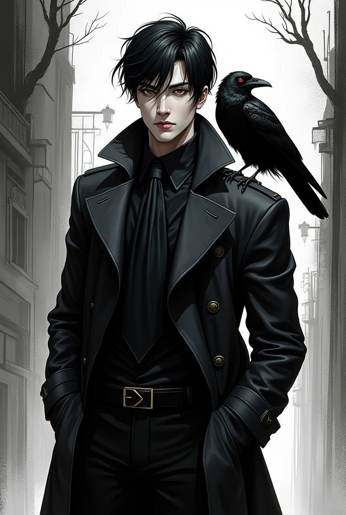 (Photorealism:9.16), male,20 years old,Tall,White,Black and white comic book style,Elegant and handsome black hair and black eyes,Wear a black trench coat,Hands in pockets,There is a one-eyed crow on my shoulder