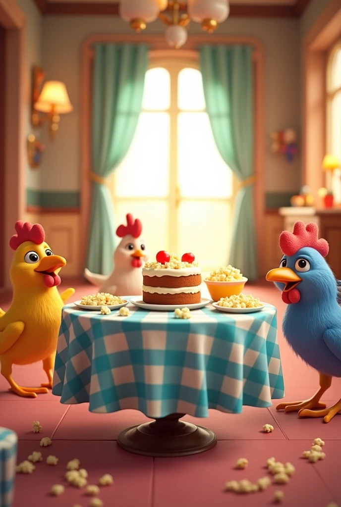 a table with a blue checkered tablecloth, with cake and popcorn in the hall with colorful chickens colorful, 3D cartoon style, cinematic