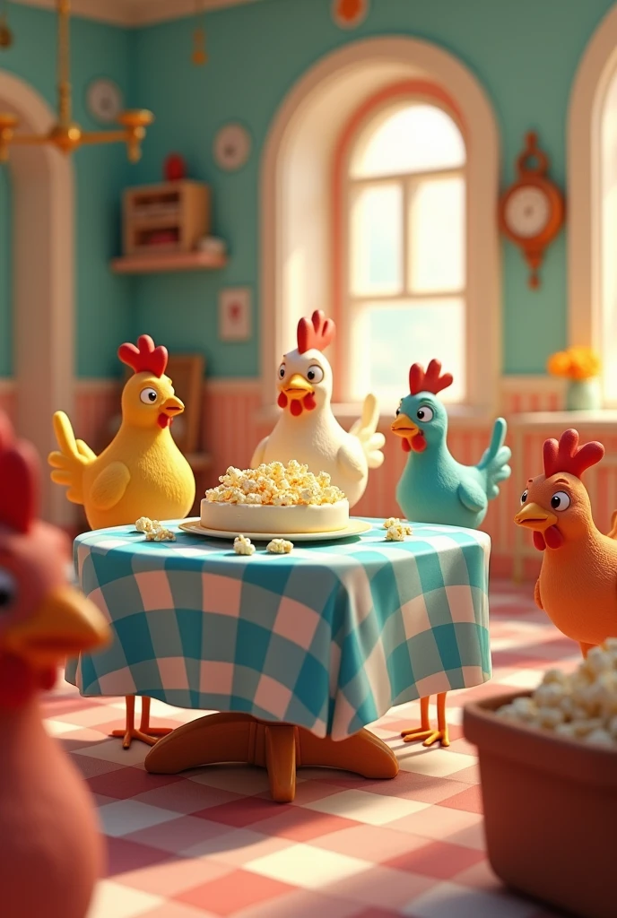 a table with a blue checkered tablecloth, with cake and popcorn in the hall with colorful chickens colorful, 3D cartoon style, cinematic