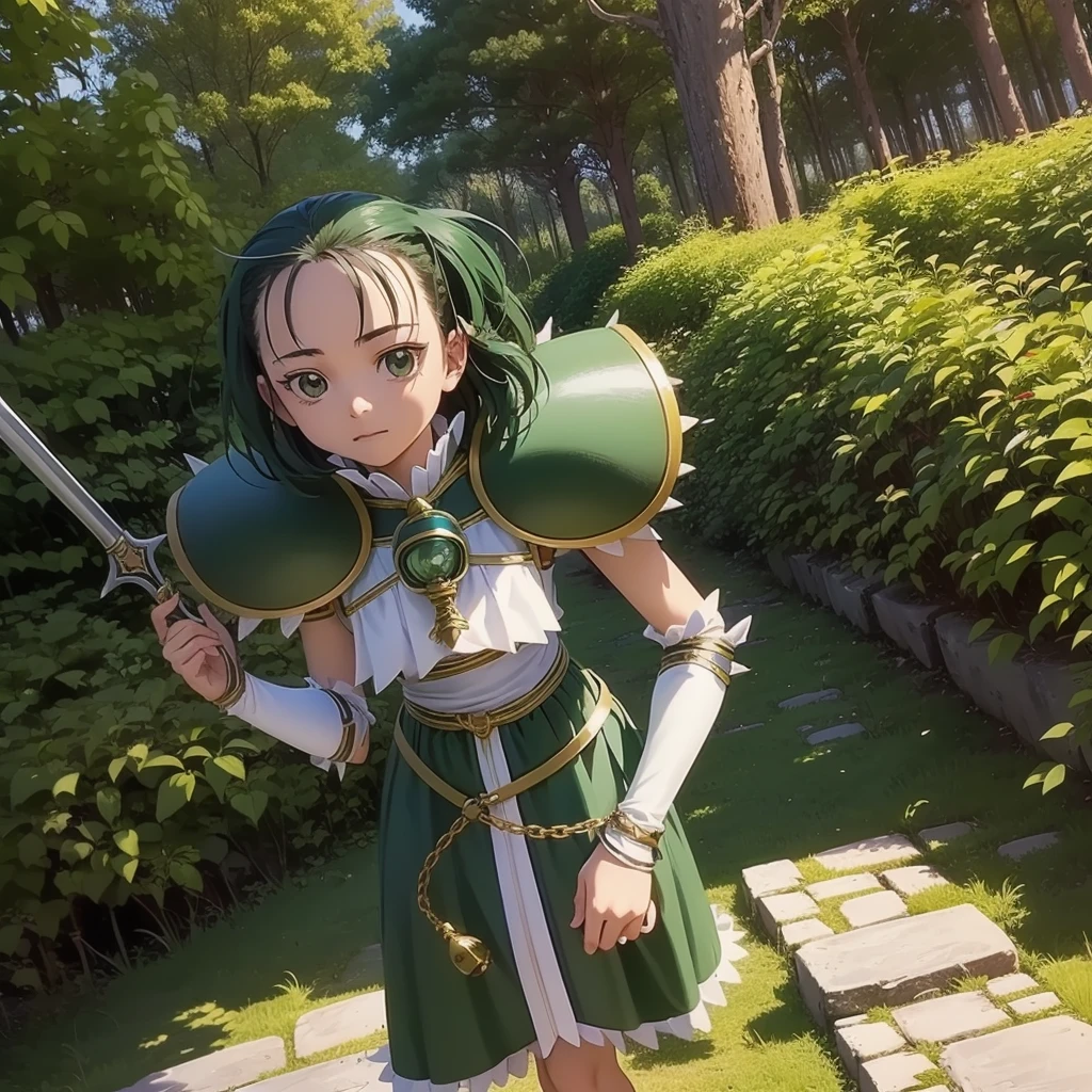 最high quality、high quality、Simple Cloth Armor、１０Year-old girl adventurer、Equipped with a weapon that has a short chain at the end of a stick and a spiked iron ball at the end of the chain、In a dark maze、Dark green armor