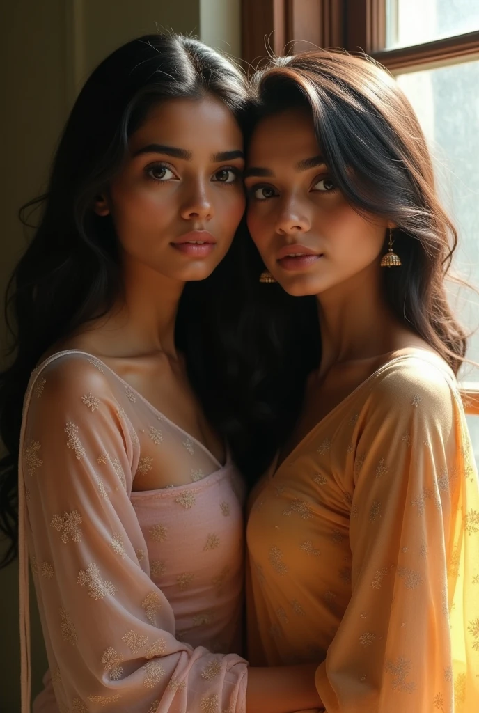 A beautiful 2 Indian girl with a diamond-shaped face, large expressive eyes, and a perfect hourglass figure, posing gracefully by a large window with soft natural light highlighting her features.