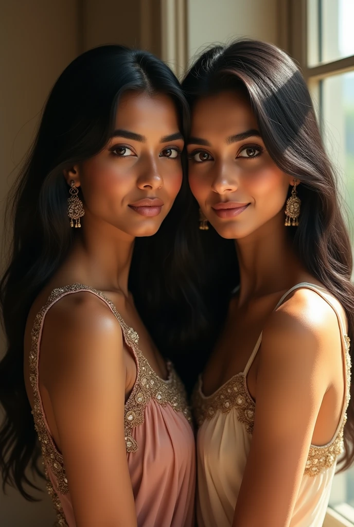 A beautiful 2 Indian girl with a diamond-shaped face, large expressive eyes, and a perfect hourglass figure, posing gracefully by a large window with soft natural light highlighting her features.