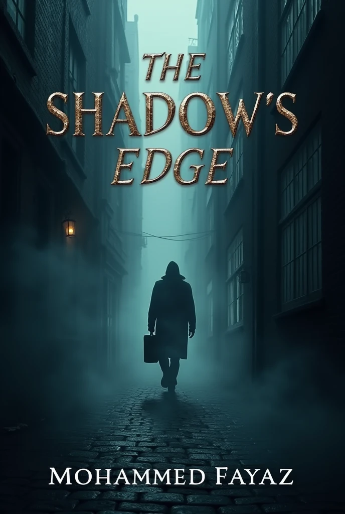 A4 sized Front cover : A dark, foggy alley with a silhouette of a person barely visible in the distance, holding a briefcase. The title "The Shadow's Edge" is in bold, metallic lettering at the top, with my name Mohammed Fayaz below it in smaller text.And add the press name :Mysterium Press in the side of the front cover beautifully 