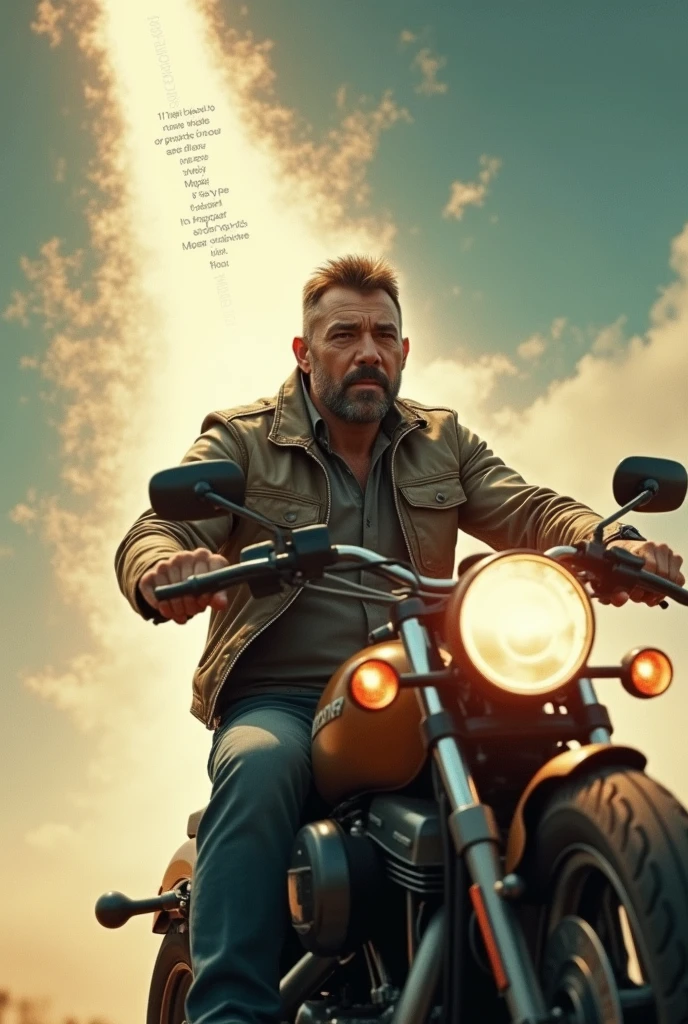 Pedro on a motorcycle leaving a trail towards the sky. With a biblical phrase saying that he will always be alive in the heart of the one who loved him.