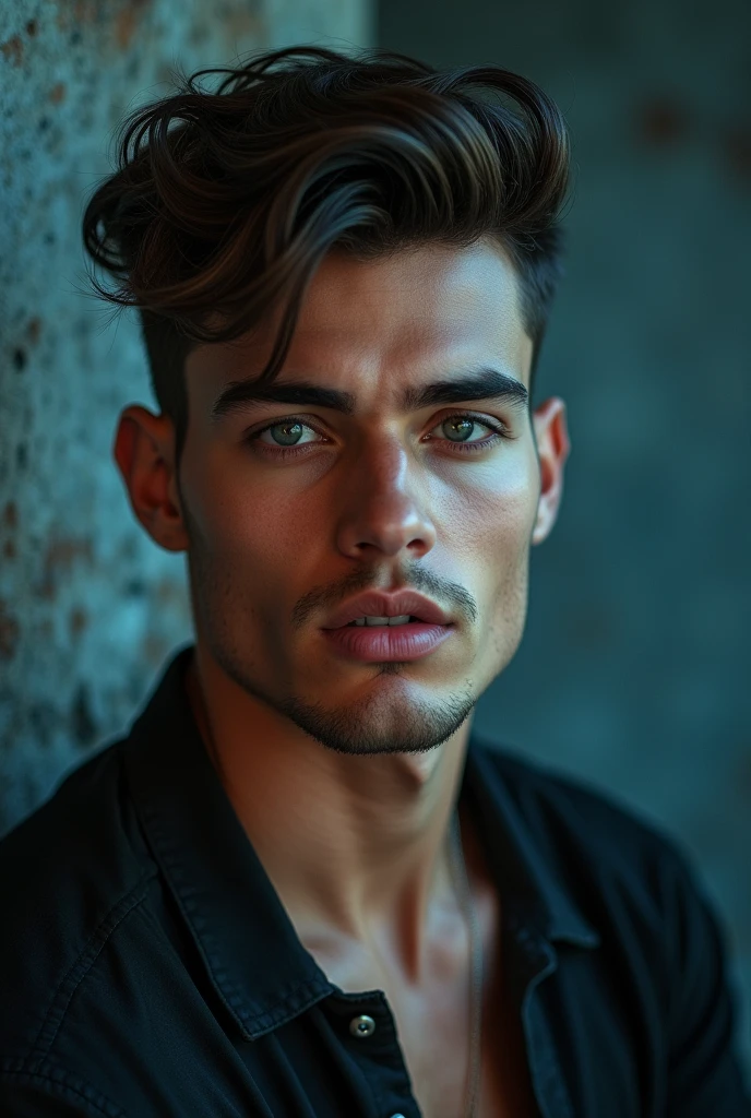 Create a high-resolution, artistic portrait of a handsome young man with a strong jawline and well-groomed hair. His pose should be dynamic and stylish, with a confident, slightly seductive expression. Incorporate artistic elements like dramatic lighting or a subtle, creative background to enhance the overall effect while ensuring the face remains the focal point. The image should have a cool and edgy vibe, perfect for a display picture."