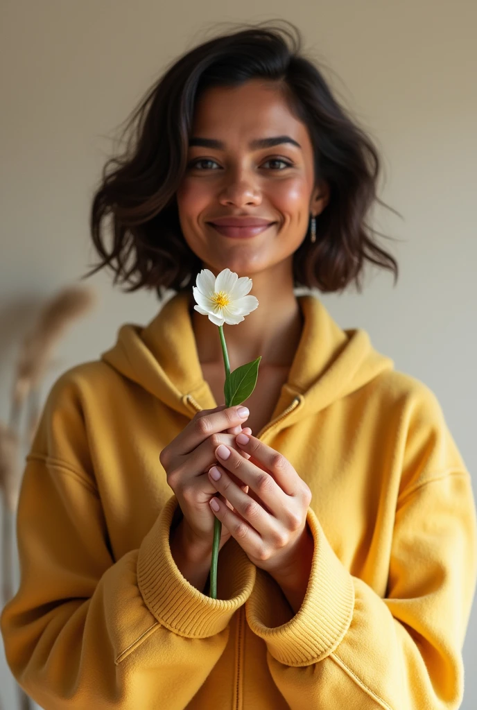 A woman with dusky skin tone in huddie suit smiling having flower in her hands short hair