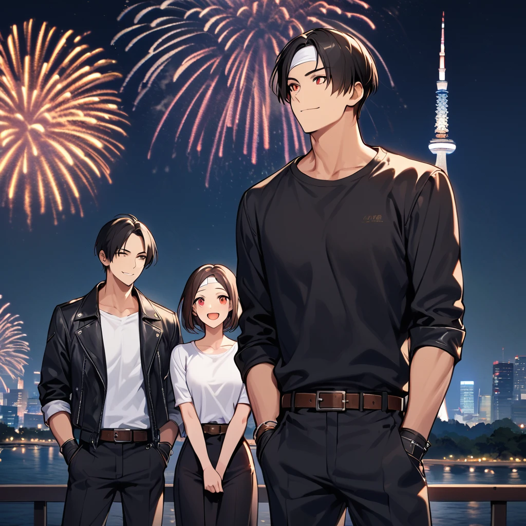 Orochiquillo, dark skin, short cut, couple, two people, man and woman, red eyes, ((black leather jacket with rolled up arms)), fingerless gloves, black hair, white T-shirt, ((white headband on forehead)), black long pants, white shoes, brown belt, handsome, shot, attractive, famous, high resolution, fine face, night blue sky, dazzling smile, ((watching bright fireworks with girlfriend)), Tokyo Sky Tree in background, Japan, (man and woman standing facing each other), men and women wearing same clothes and hairstyle, talking happily,.
