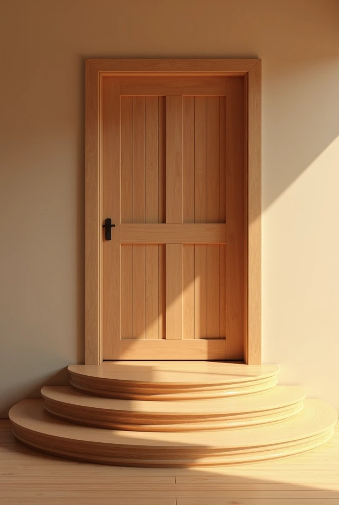 generate an image of the door of a simple room and in front of it there is a circular wooden staircase
