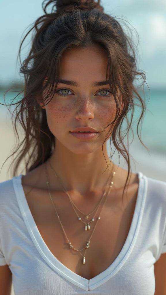 puffy woman with a white tank top and a necklace, lying on the beach, Sexy girl with green eyes, Retrato Sophie Mudd, brown hair and large eyes, selfie of a young woman, Olhos do quarto, violet myers, no-makeup, Make-up natural, looking directly at the camera, guy with artgram, subtle makeup, stunning whole body shot, piercing green eyes, beautiful angle, Attractive posing, Beautiful girl, pose sexy, whole body picture, whole body, whole body shoot, brunette goddess, high détail, satisfied pose, wearing grey overskirt and boots, overskirt, Boots in a park with trees in the background fully visible