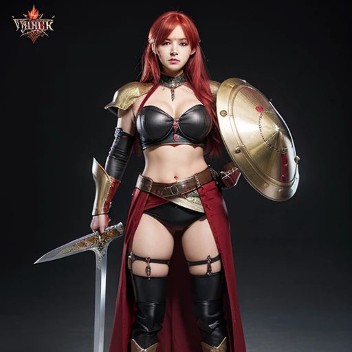 Illustrator, anime , Realistic ,sketch , 1 person, ,lip, Cosplay, Full body photo, roleplaying game, Woman warrior, armor, pocket, shield, sword, Super huge ,order, Background of the Great Plains, Red Neon Hair,Texture Trim, Canadian, (masterpiece,Highest quality)