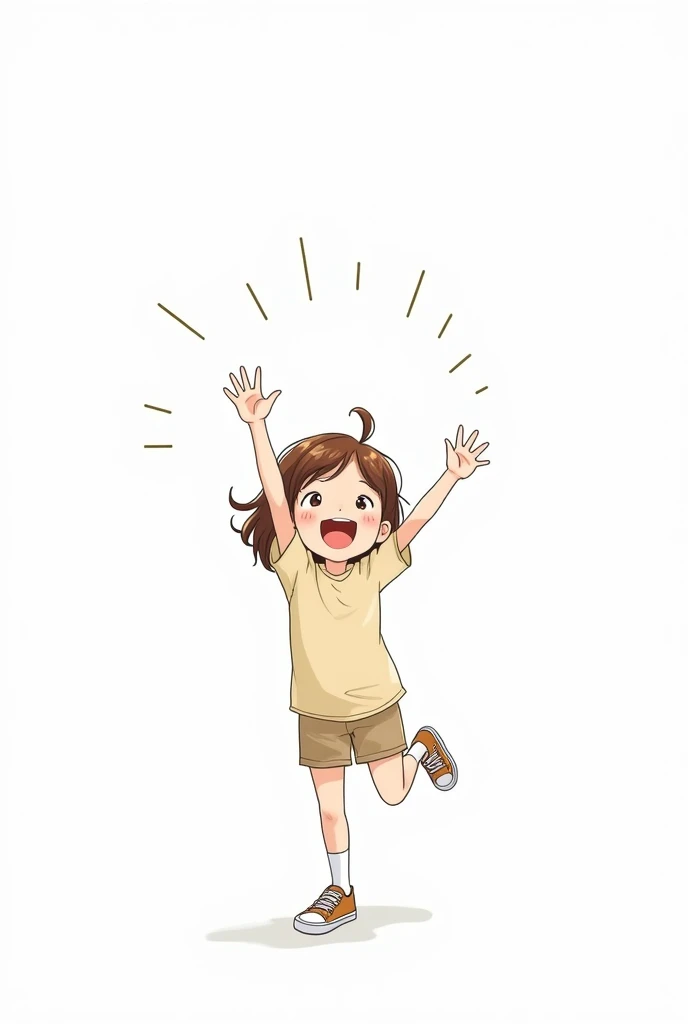 Kizi, about 10 years, celebrating with one arm raised, brown hair and eyes, hair falling to shoulder length, centralizing your trust. white background. drawing style , art in lines, 2d.