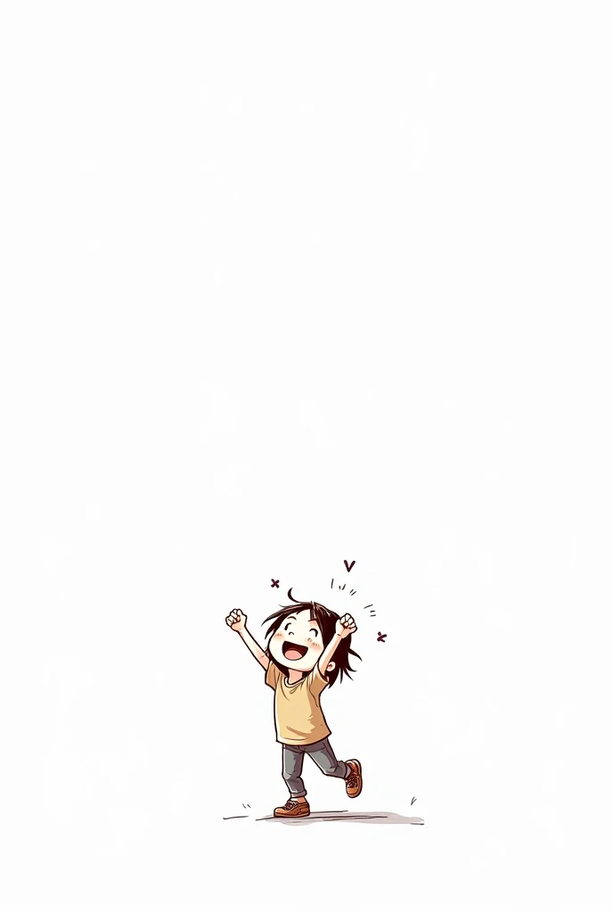 Kizi, about 10 years, celebrating with one arm raised, brown hair and eyes, hair falling to shoulder length, centralizing your trust. white background. drawing style , art in lines, 2d.