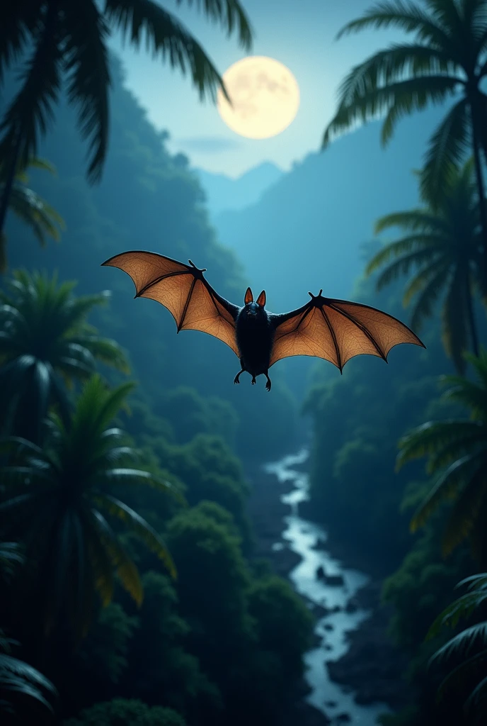 Picture of a tube-nosed bat flying at night, with the backdrop of the tropical forests of Papua New Guinea.