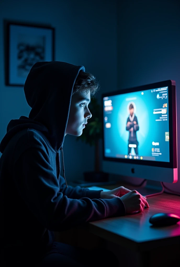 A r boy playing freefire game 
 in PC in a dark all lights off room and PC screen light flex in his face with black hudey  free fire  character playing freefire prims for Whatsapp dp