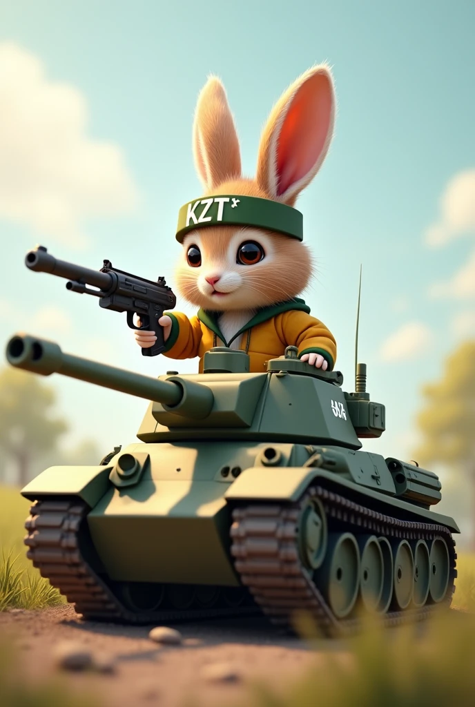 There is a tank and the number 648 is written on the tank and there is a cute rabbit riding on the tank and the cute rabbit is wearing a headband and the headband has the words KZT written on it and the rabbit is holding a gun in his hand and the background is peaceful