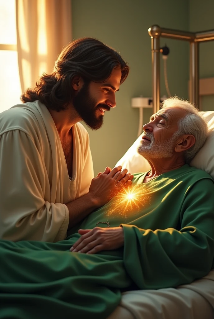 (photorealism:1.2), Handsome Jesus Christ, sitting on bed together with a sickness old man holding his hand, the face of sickness old man is visible, the light of his head and heart is sparkling all over, wearing the green color of beautiful king clothes, the light in his head and heart is sparkling, nice hair, indoors, soft lighting, hospital of bed ridden in the background, window with sunlight, cozy room, relaxed pose, realistic, intricate details, warm colors,