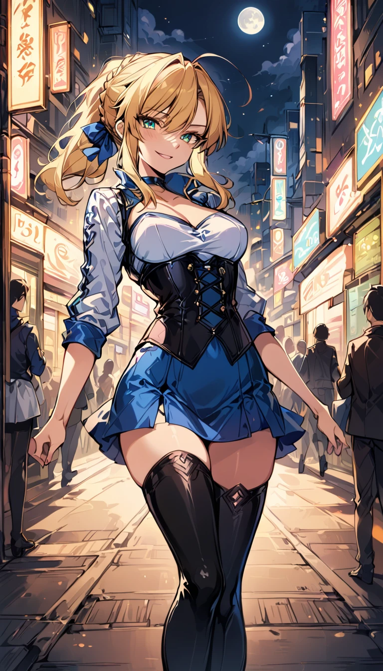 score_9, score_8_up, score_7_up, score_6_up, rating_safe, source_anime, BREAK beautiful Artoria Pendragon (blonde, braid, ribbon, hair ribbon:1.2), sexy smirk, BREAK tight skirt, cropped corset, thigh high boots, choker, BREAK walking in downtown Tokyo, neon lights, Extremely detailed, gorgeous female, BREAK midnight, full moon, shallow depth of field, BREAK highly detailed, bokeh, moody, epic, gorgeous, grainy, BREAK (ultra-detailed), (best illustration), (best shadow), (absurdres), (detailed background), (very aesthetic).