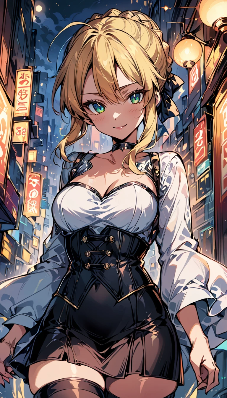 score_9, score_8_up, score_7_up, score_6_up, rating_safe, source_anime, BREAK beautiful Artoria Pendragon (blonde, braid, ribbon, hair ribbon:1.2), sexy smirk, BREAK tight skirt, cropped corset, thigh high boots, choker, BREAK walking in downtown Tokyo, neon lights, Extremely detailed, gorgeous female, BREAK midnight, full moon, shallow depth of field, BREAK highly detailed, bokeh, moody, epic, gorgeous, grainy, BREAK (ultra-detailed), (best illustration), (best shadow), (absurdres), (detailed background), (very aesthetic).