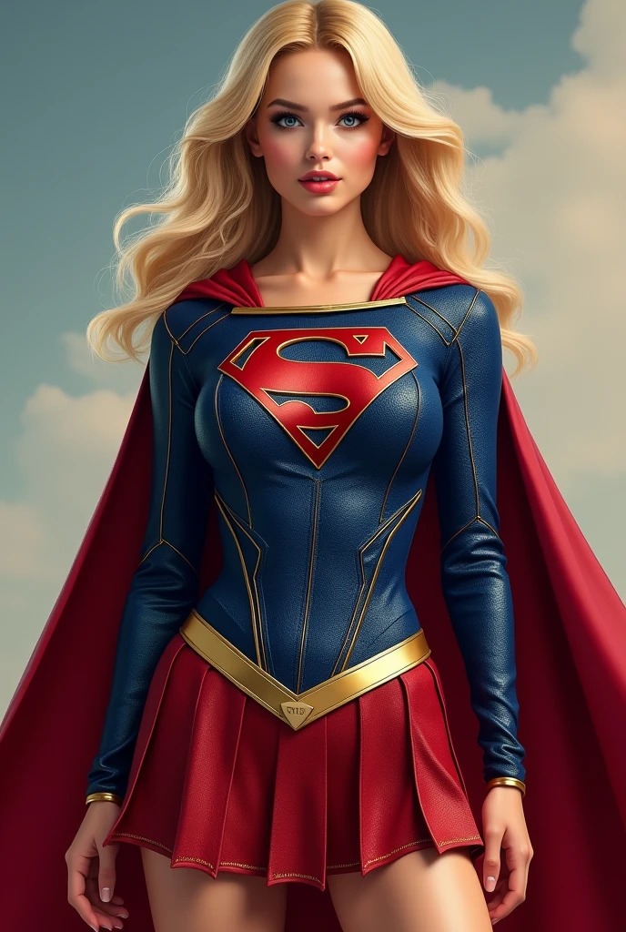 A high quality image of a realistic blonde woman in a supergirl costume, mini skirt, perky breasts, majestic curves, full body portriat