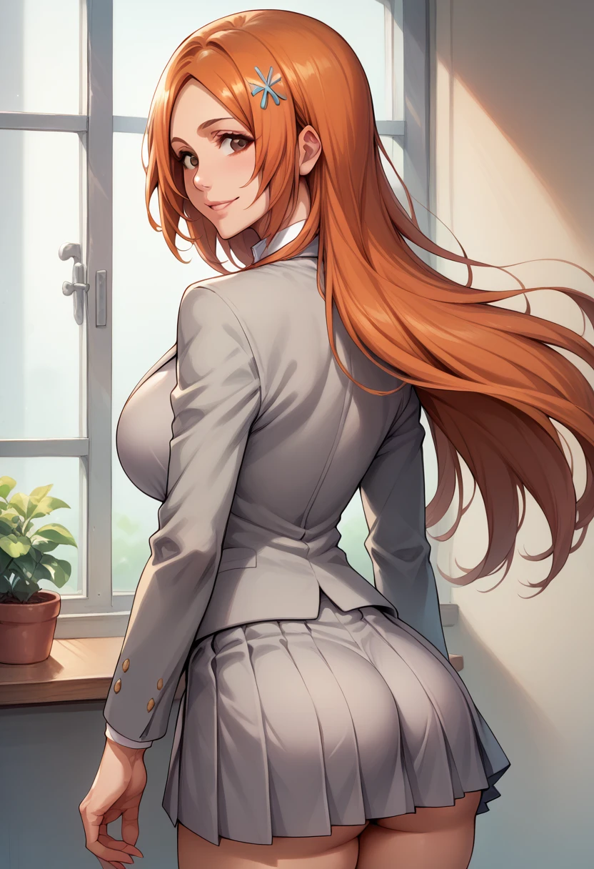 score_9, score_8_up, score_7_up, BREAK, score_9, smile, inoue orihime, hair ornament, long hair, orange hair, large breasts, brown eyes, school uniform, blazer, grey blazer, shirt, pleated skirt, grey skirt, collared shirt, 1girl, solo, looking at viewer, cowboy shot, ass, from behind, school