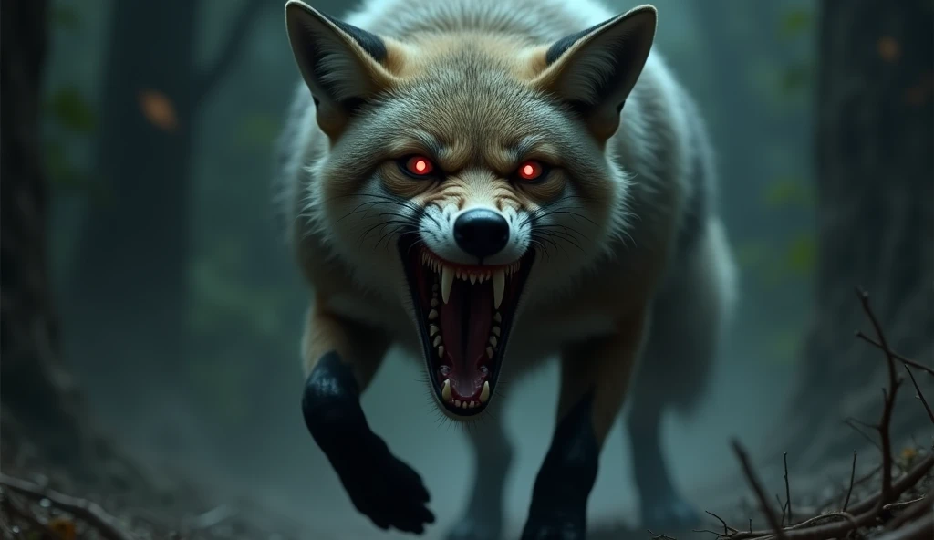 There is a shadow、Very Horror、Real、Ultra HD、The fox is angry and wrinkles his face.、Front view、The fox has its mouth wide open and its eyes glowing red.、The fox is jumping in front、No people