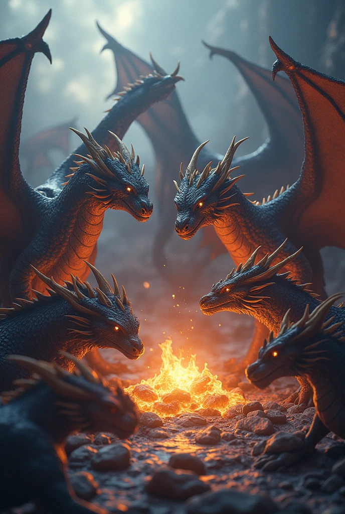 1 majestic dragon, multiple dragons of various sizes and shapes, dragons in a circle formation, dragons discussing the growing threat of greedy humans who want to steal the ancient treasure, detailed scales, claws, wings, horns, glowing eyes, dramatic lighting, cinematic composition, epic fantasy, vibrant colors, (best quality,4k,8k,highres,masterpiece:1.2),ultra-detailed,(realistic,photorealistic,photo-realistic:1.37),dramatic lighting,volumetric fog,intricate details,compelling atmosphere,dynamic pose,cinematic angle