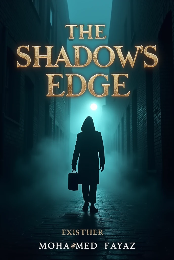 A4 sized Front cover : A dark, foggy alley with a silhouette of a person barely visible in the distance, holding a briefcase. The title "The Shadow's Edge" is in bold, metallic lettering at the top, with my name Mohammed Fayaz below it in smaller text.And add the press name : "Mysterium Press" in the side of the front cover beautifully 