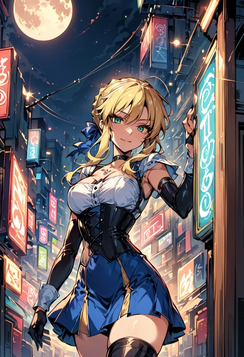 score_9, score_8_up, score_7_up, score_6_up, rating_safe, source_anime, BREAK beautiful Artoria Pendragon (blonde, braid, ribbon, hair ribbon:1.2), sexy smirk, BREAK tight skirt, cropped corset, thigh high boots, choker, BREAK walking in downtown Tokyo, neon lights, Extremely detailed, gorgeous female, BREAK midnight, full moon, shallow depth of field, BREAK highly detailed, bokeh, moody, epic, gorgeous, grainy, BREAK (ultra-detailed), (best illustration), (best shadow), (absurdres), (detailed background), (very aesthetic).