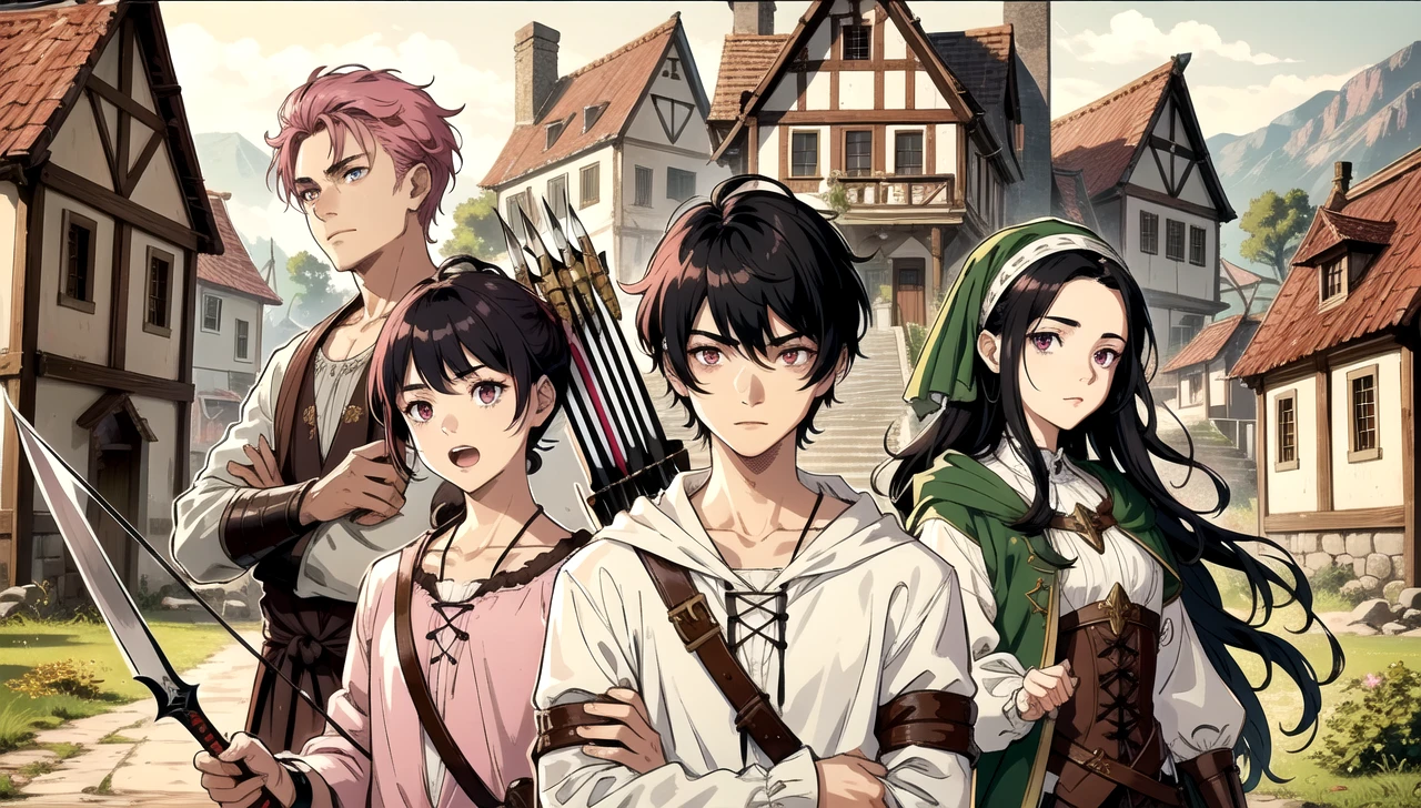 Generate a temporal image for me, demonstrating as if it were the medieval period. In this scenario, put ung people, the one in front, a 1 boy with a sword in his hand, chestnut hair, eyes browns, strong and wearing dark brown clothing. On his side, One young woman, a one woman, shorth hair, dark pink, with a pink and white outfit. on the other side, anot boy , shorth hair e preto, with a mean face holding two hatchets, dressed in black and dark red clothes, and next to him another, segurando um arco, with several arrows stored, Dark Blue Hair, black eyes and an intelligent face, dressed in a white and green outfit.